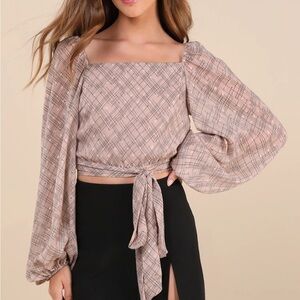 Lulus Dedicatedly Chic Taupe Printed Balloon Sleeve Wrap Top